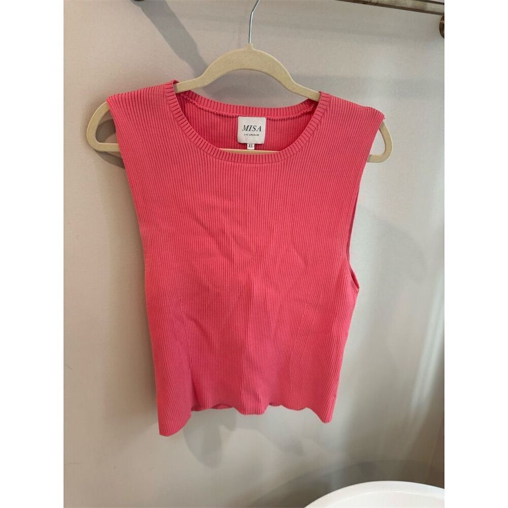 Misa Women's Sleeveless Ribbed Crew Neck Tank Top Pink Size XL Casual Spring